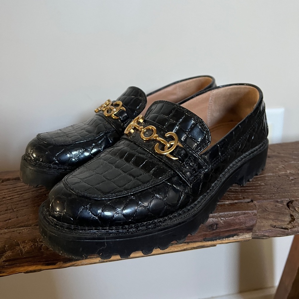 Sam Edelman Black Croc Loafers with Gold Accent
